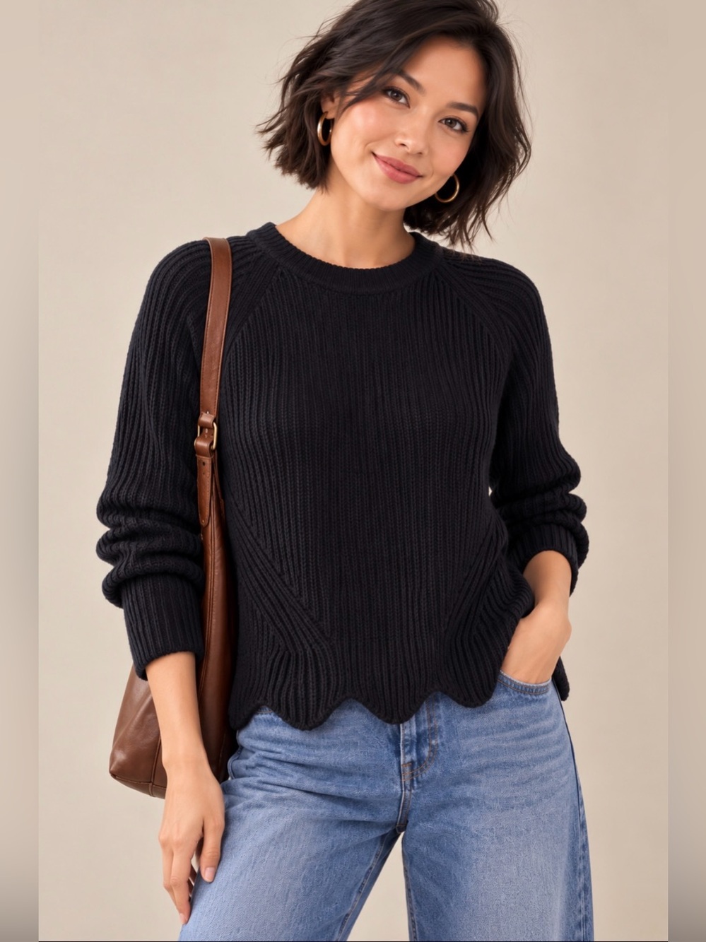 Banana Republic Navy Blue Fisherman Ribbed Knit Sweater w Scalloped Hem - Sz S